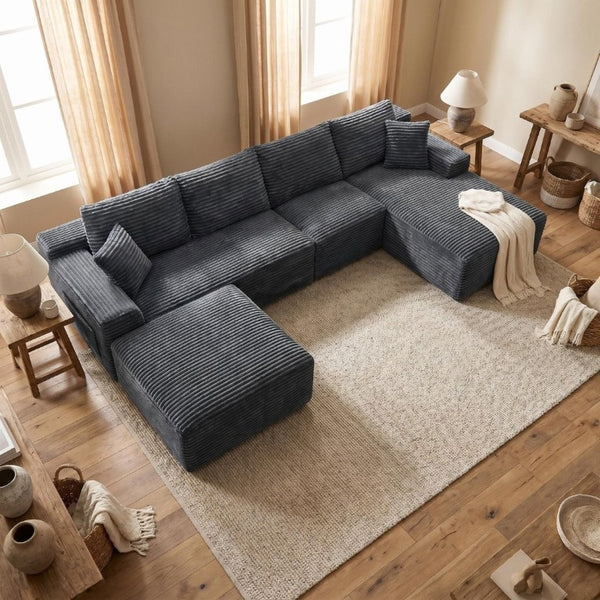 English Elm 135.4 Corduroy Modular U-Shaped Sectional Sofa Spacious Lounge Seating for Living Room W5515S00084
