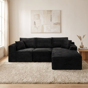 English Elm 103.9Cloud Ribbed Corduroy L-Shape Sectional Deep Seat Lounge Sofa for Living Room Black W5515S00086