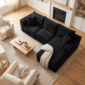 English Elm 103.9Cloud Ribbed Corduroy L-Shape Sectional Deep Seat Lounge Sofa for Living Room Black W5515S00086