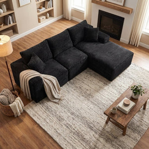 English Elm 103.9Cloud Ribbed Corduroy L-Shape Sectional Deep Seat Lounge Sofa for Living Room Black W5515S00086