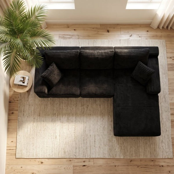 English Elm 103.9Cloud Ribbed Corduroy L-Shape Sectional Deep Seat Lounge Sofa for Living Room Black W5515S00086