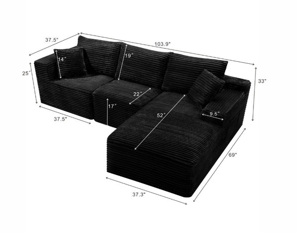 English Elm 103.9Cloud Ribbed Corduroy L-Shape Sectional Deep Seat Lounge Sofa for Living Room Black W5515S00086