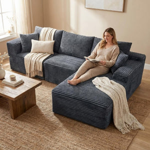 English Elm 103.9Cloud Ribbed Corduroy L-Shape Sectional Deep Seat Lounge Sofa for Living Room Gray W5515S00088