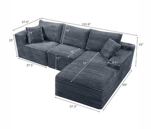 English Elm 103.9Cloud Ribbed Corduroy L-Shape Sectional Deep Seat Lounge Sofa for Living Room Gray W5515S00088