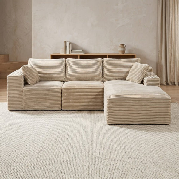 English Elm 103.9Cloud Ribbed Corduroy L-Shape Sectional Deep Seat Lounge Sofa for Living Room Camel W5515S00089