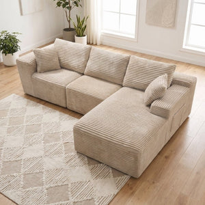 English Elm 103.9Cloud Ribbed Corduroy L-Shape Sectional Deep Seat Lounge Sofa for Living Room Camel W5515S00089