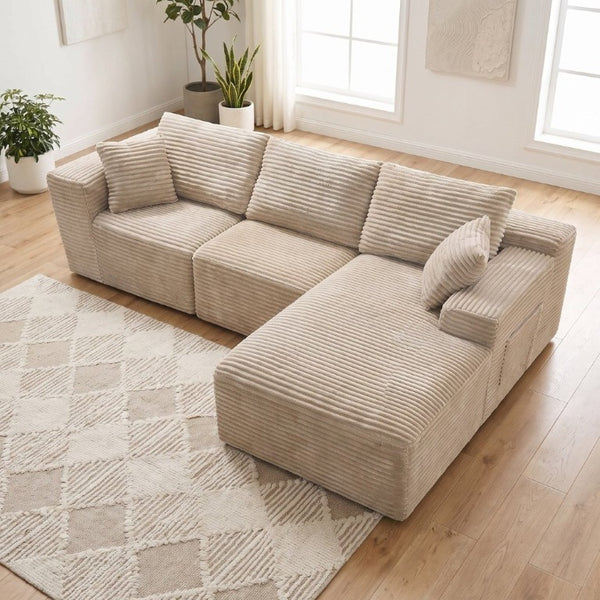 English Elm 103.9Cloud Ribbed Corduroy L-Shape Sectional Deep Seat Lounge Sofa for Living Room Camel W5515S00089