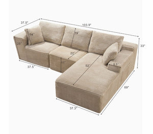 English Elm 103.9Cloud Ribbed Corduroy L-Shape Sectional Deep Seat Lounge Sofa for Living Room Camel W5515S00089