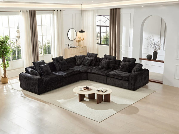 English Elm 124.3 Inch Oversized Boucle L Shaped Sectional Sofa with Deep Seats for Living Room Black W5515S00091