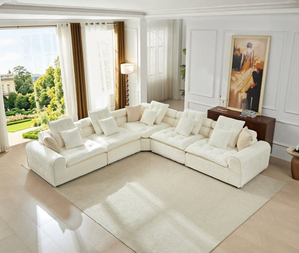English Elm 124.3 Inch Oversized Boucle L Shaped Sectional Sofa with Deep Seats for Living Room White W5515S00092