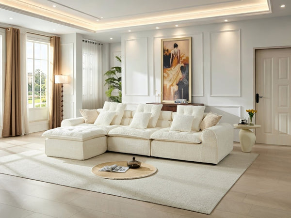 English Elm 129.8 Inch Boucle Modular Sectional Sofa Oversized Deep Seat L Shaped Cloud Couch White W5515S00104