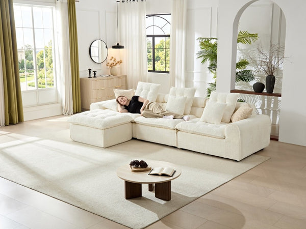 English Elm 129.8 Inch Boucle Modular Sectional Sofa Oversized Deep Seat L Shaped Cloud Couch White W5515S00104
