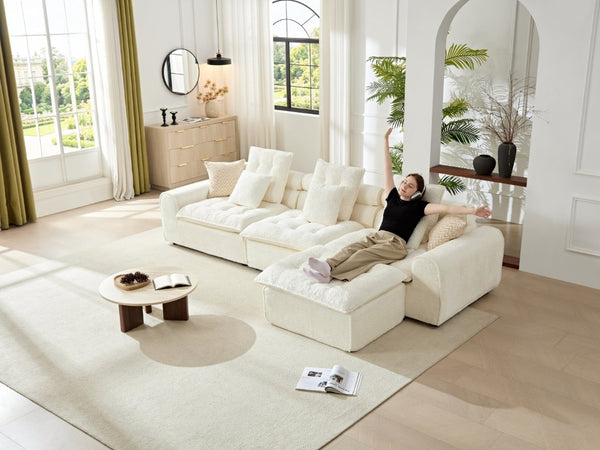 English Elm 129.8 Inch Boucle Modular Sectional Sofa Oversized Deep Seat L Shaped Cloud Couch White W5515S00104