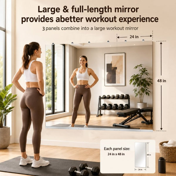 English Elm Gym Mirror Wall Set of 3 Frameless HD Glass Panels for Fitness and Dance Spaces W5526P485363