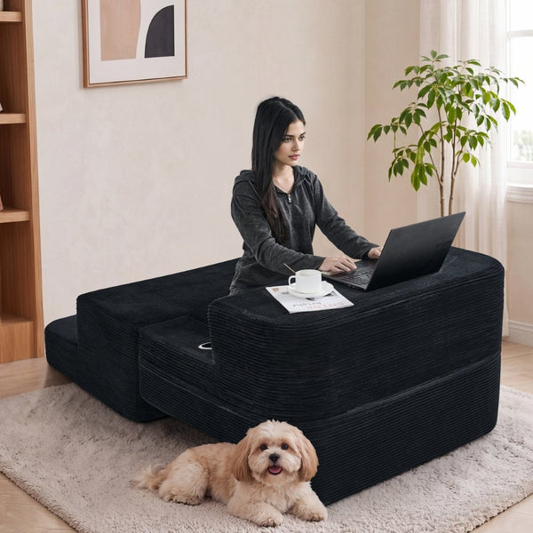 English Elm Multi-functional Corduroy Convertible Sofa Desk Compact Space Saving Seat for Home Office Black W5527P506527
