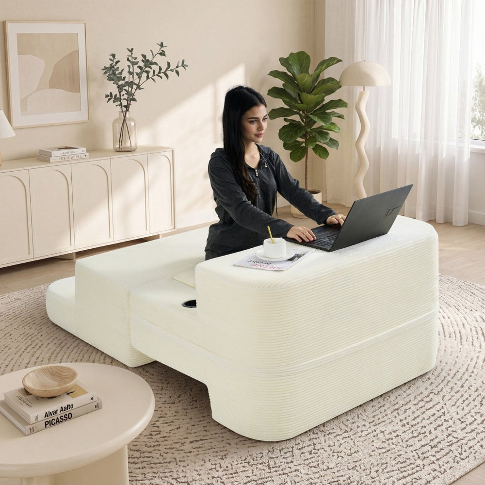 English Elm Multi-functional Corduroy Convertible Sofa Desk Compact Space Saving Seat for Home Office White W5527P506538