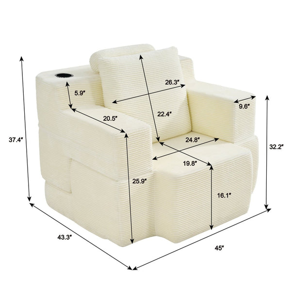 English Elm Multi-functional Corduroy Convertible Sofa Desk Compact Space Saving Seat for Home Office White W5527P506538