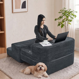 English Elm Multi-functional Corduroy Sofa Converts to a Compact Desk for Studio Living W5527P506539