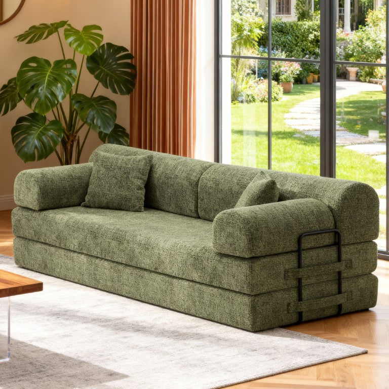English Elm Convertible Sleeper Sofa with Boucle Upholstery Four Configurations for Studio Living Green W5532P523249