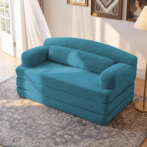 English Elm Foldable Corduroy Loveseat Sofa Bed with High Density Foam for Studio or Guest Room Sky Blue W5532P531664