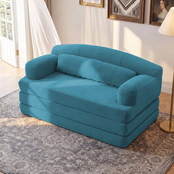 English Elm Foldable Corduroy Loveseat Sofa Bed with High Density Foam for Studio or Guest Room Sky Blue W5532P531664