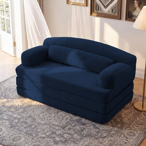 English Elm Foldable Corduroy Loveseat Sofa Bed with High Density Foam for Studio or Guest Room Blue W5532P531669
