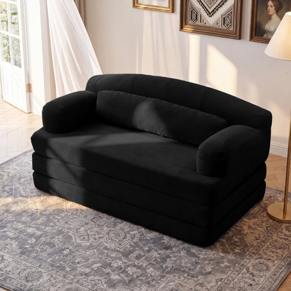 English Elm Foldable Corduroy Loveseat Sofa Bed with High Density Foam for Studio or Guest Room Black W5532P531673