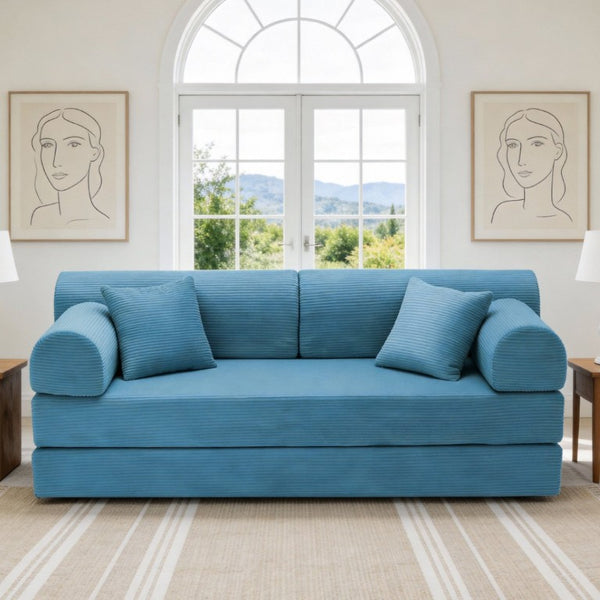English Elm Convertible Corduroy Floor Sofa Folds From Loveseat to Daybed for Compact Living Spaces Light Blue W5532P538411