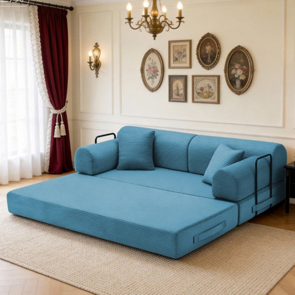 English Elm Convertible Corduroy Floor Sofa Folds From Loveseat to Daybed for Compact Living Spaces Light Blue W5532P538411