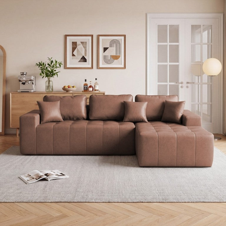 English Elm Faux Leather L-Shaped Sectional Sofa Bed with Corner Chaise for Living Room Dark Brown - A W5532S00039