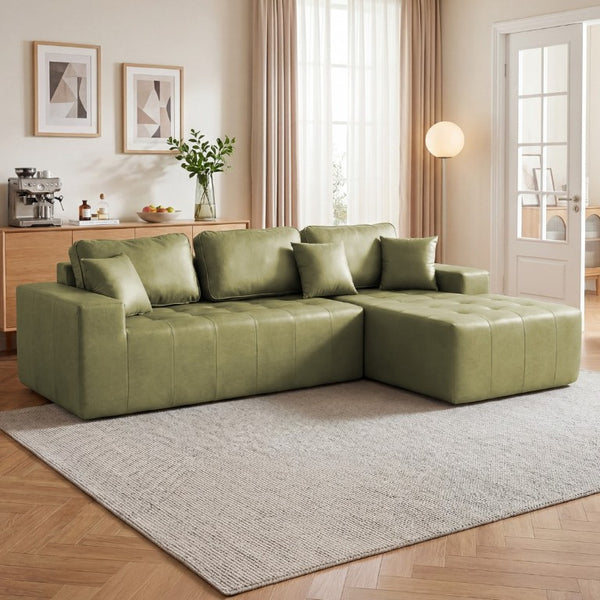 English Elm Faux Leather L-Shaped Sectional Sofa Bed with Corner Chaise for Living Room Grayish Green W5532S00040