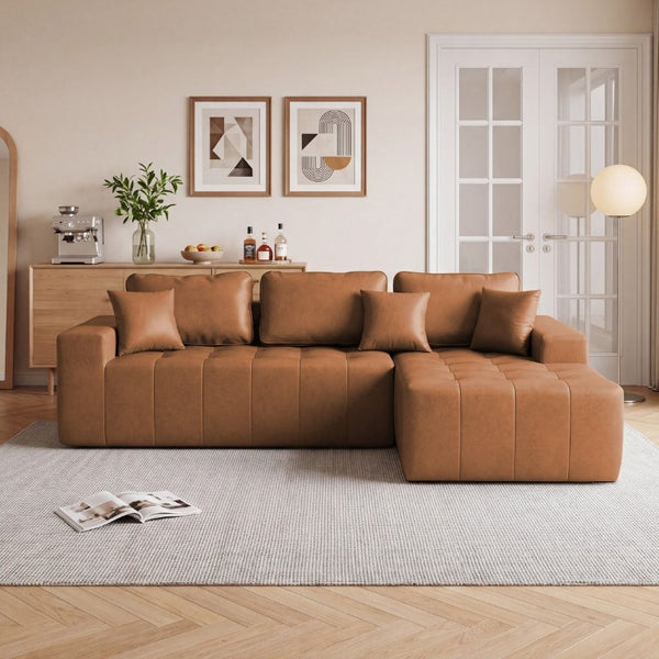 English Elm Faux Leather L-Shaped Sectional Sofa Bed with Corner Chaise for Living Room Light Brown - A W5532S00043