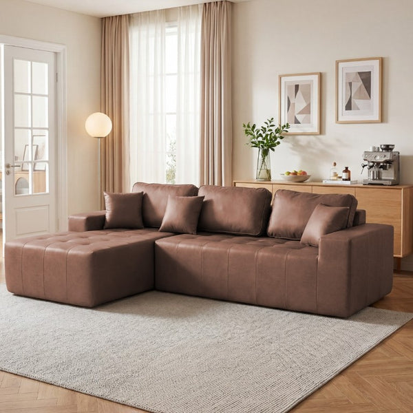 English Elm Faux Leather L-Shaped Sectional Sofa Bed with Corner Chaise for Living Room Dark Brown - B W5532S00044