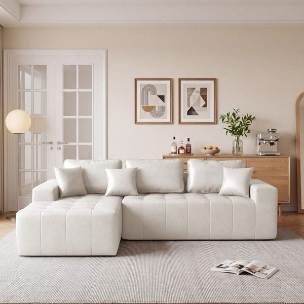 English Elm Faux Leather L-Shaped Sectional Sofa Bed with Corner Chaise for Living Room Beige - B W5532S00046