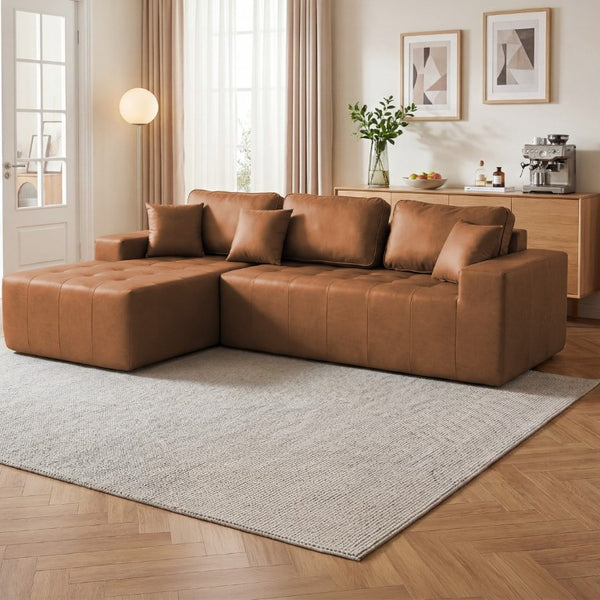 English Elm Faux Leather L-Shaped Sectional Sofa Bed with Corner Chaise for Living Room Light Brown - B W5532S00048