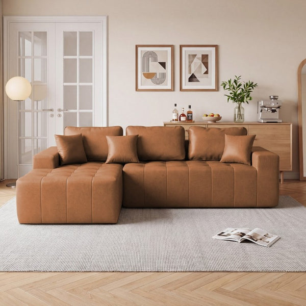 English Elm Faux Leather L-Shaped Sectional Sofa Bed with Corner Chaise for Living Room Light Brown - B W5532S00048