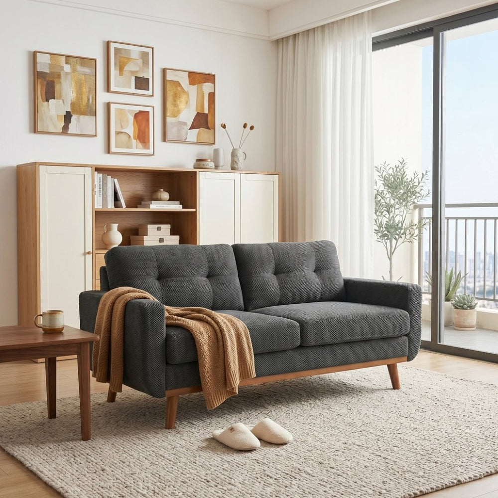 English Elm 65-inch Two-seat Loveseat with Tufted Nubby Fabric and Tapered Solid Wood Legs Dark Grey W5568P478796