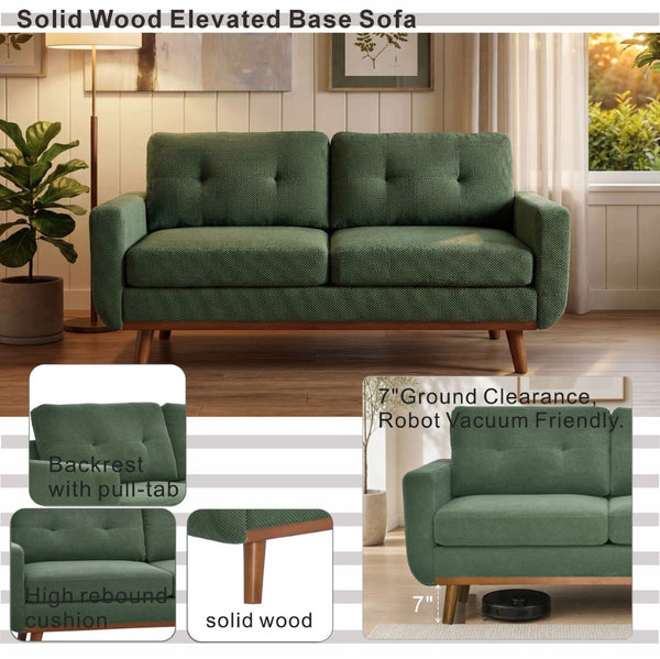 English Elm 65-inch Two-seat Loveseat with Tufted Nubby Fabric and Tapered Solid Wood Legs Dark Green W5568P478799