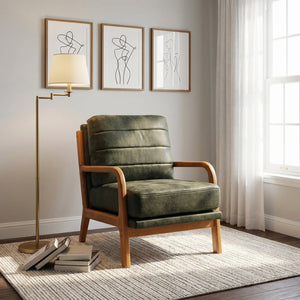 English Elm Foil Fabric Accent Chair Solid Wood Frame Memory Foam Seat Minimalist Bedroom Lounge Olive Green W5568P506746