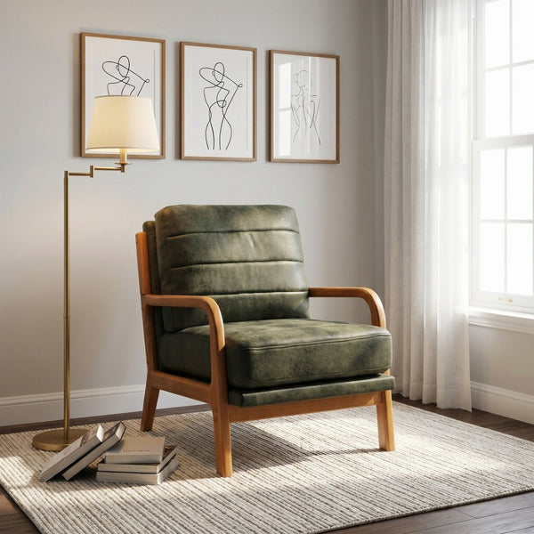 English Elm Foil Fabric Accent Chair Solid Wood Frame Memory Foam Seat Minimalist Bedroom Lounge Olive Green W5568P506746