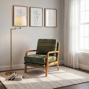 English Elm Foil Fabric Accent Chair Solid Wood Frame Memory Foam Seat Minimalist Bedroom Lounge Olive Green W5568P506746
