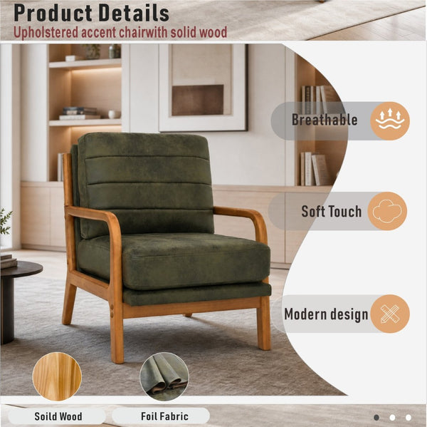 English Elm Foil Fabric Accent Chair Solid Wood Frame Memory Foam Seat Minimalist Bedroom Lounge Olive Green W5568P506746