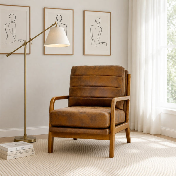 English Elm Foil Fabric Accent Chair Solid Wood Frame Memory Foam Seat Minimalist Bedroom Lounge Light Brown W5568P506758