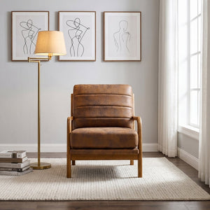 English Elm Foil Fabric Accent Chair Solid Wood Frame Memory Foam Seat Minimalist Bedroom Lounge Light Brown W5568P506758