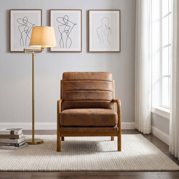 English Elm Foil Fabric Accent Chair Solid Wood Frame Memory Foam Seat Minimalist Bedroom Lounge Light Brown W5568P506758