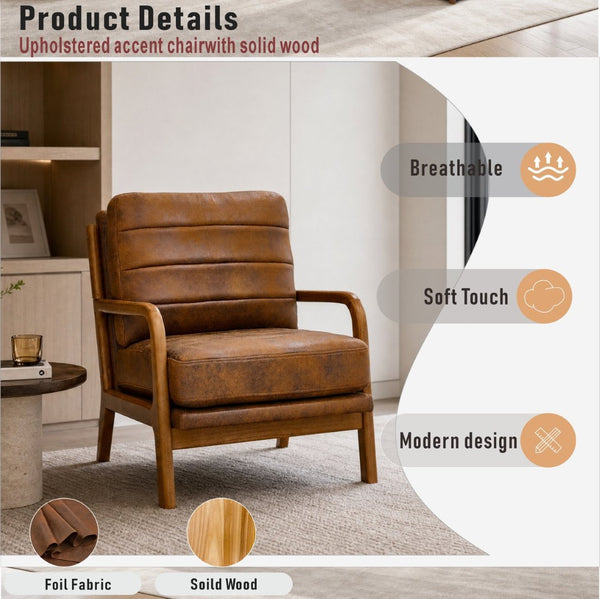 English Elm Foil Fabric Accent Chair Solid Wood Frame Memory Foam Seat Minimalist Bedroom Lounge Light Brown W5568P506758