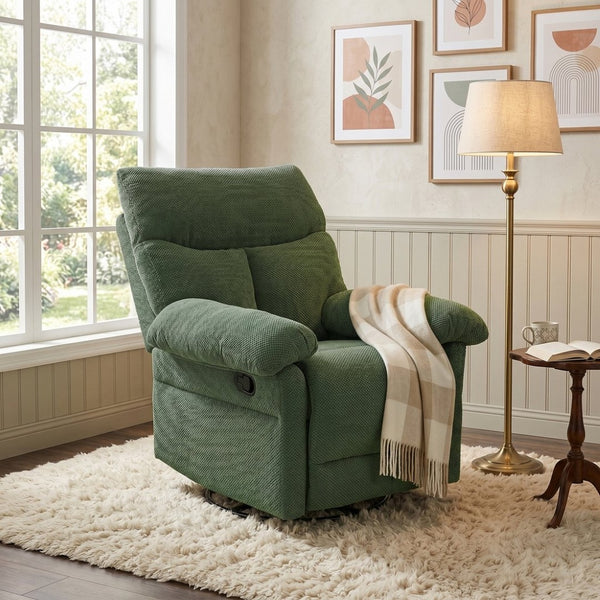 English Elm Modern Overstuffed Swivel Glider Recliner with Textured Fabric for Nursery or Living Room Dark Green W5568P524830