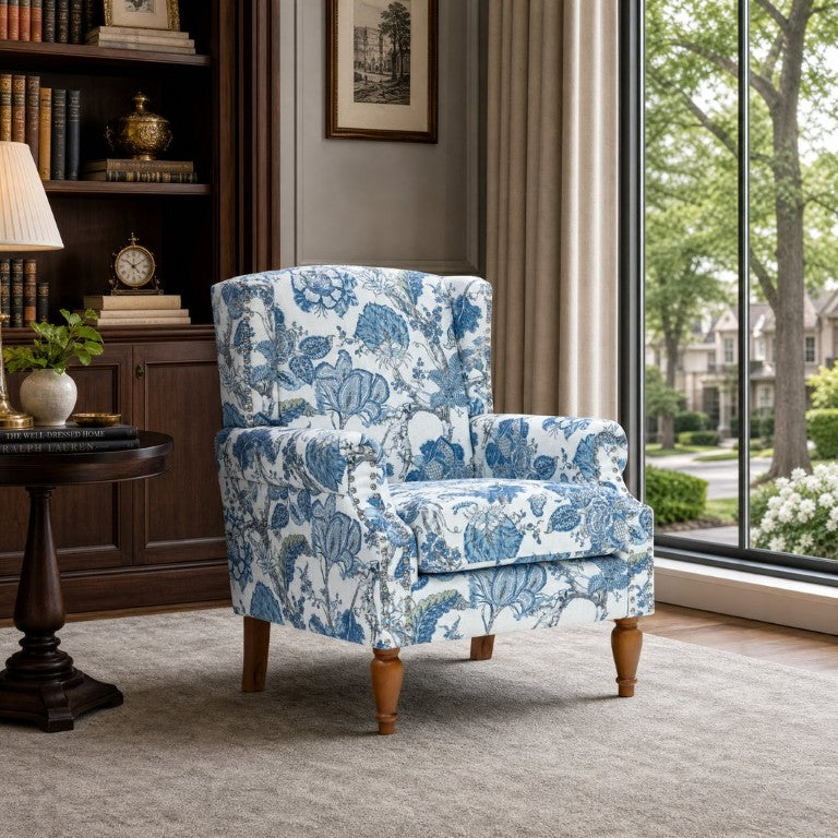 English Elm Accent Chair Botanical Tapestry Fabric Nailhead Trim Turned Wood Legs Farmhouse Living Room Blue W5568P534216