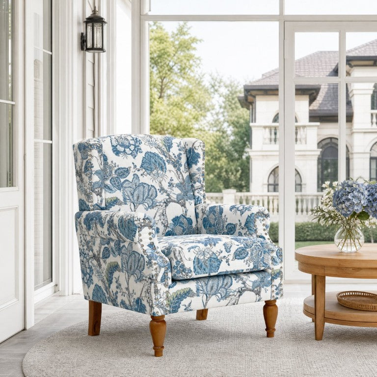 English Elm Accent Chair Botanical Tapestry Fabric Nailhead Trim Turned Wood Legs Farmhouse Living Room Blue W5568P534216