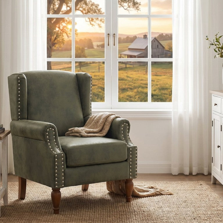 English Elm Decorative High Back Accent Chair Nailhead Trim Solid Wood Legs Vintage Reading Nook Olive Green W5568P534227